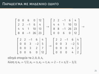 Παράδειγµα µε µηδενικό οδηγό





0 0 6 0 12
2 2 −1 6 4
4 4 1 10 13
8 8 −1 26 23





→





2 2 −1 6 4
4 4 1 10 13
8 8 −1 26 23
0 0 6 0 12





→





2 2 −1 6 4
0 0 3 −2 5
0 0 3 2 7
0 0 6 0 12





→





2 2 −1 6 4
0 0 3 −2 5
0 0 0 4 2
0 0 0 4 2





οδηγά στοιχεία τα 2, 0, 0, 4,
λύση η x4 = 1/2, x3 = s, x2 = t, x1 = 2 − t + s/2 − 3/2.
25
 