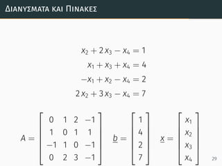 Διανύσµατα και Πίνακες
x2 + 2 x3 − x4 = 1
x1 + x3 + x4 = 4
−x1 + x2 − x4 = 2
2 x2 + 3 x3 − x4 = 7
A =






0 1 2 −1
1 0 1 1
−1 1 0 −1
0 2 3 −1






b =






1
4
2
7






x =






x1
x2
x3
x4






29
 