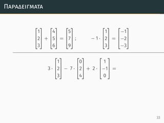 Παραδείγµατα



1
2
3


 +



4
5
6


 =



5
7
9


 ; − 1 ·



1
2
3


 =



−1
−2
−3



3 ·



1
2
3


 − 7 ·



0
2
4


 + 2 ·



1
−1
0


 =
33
 