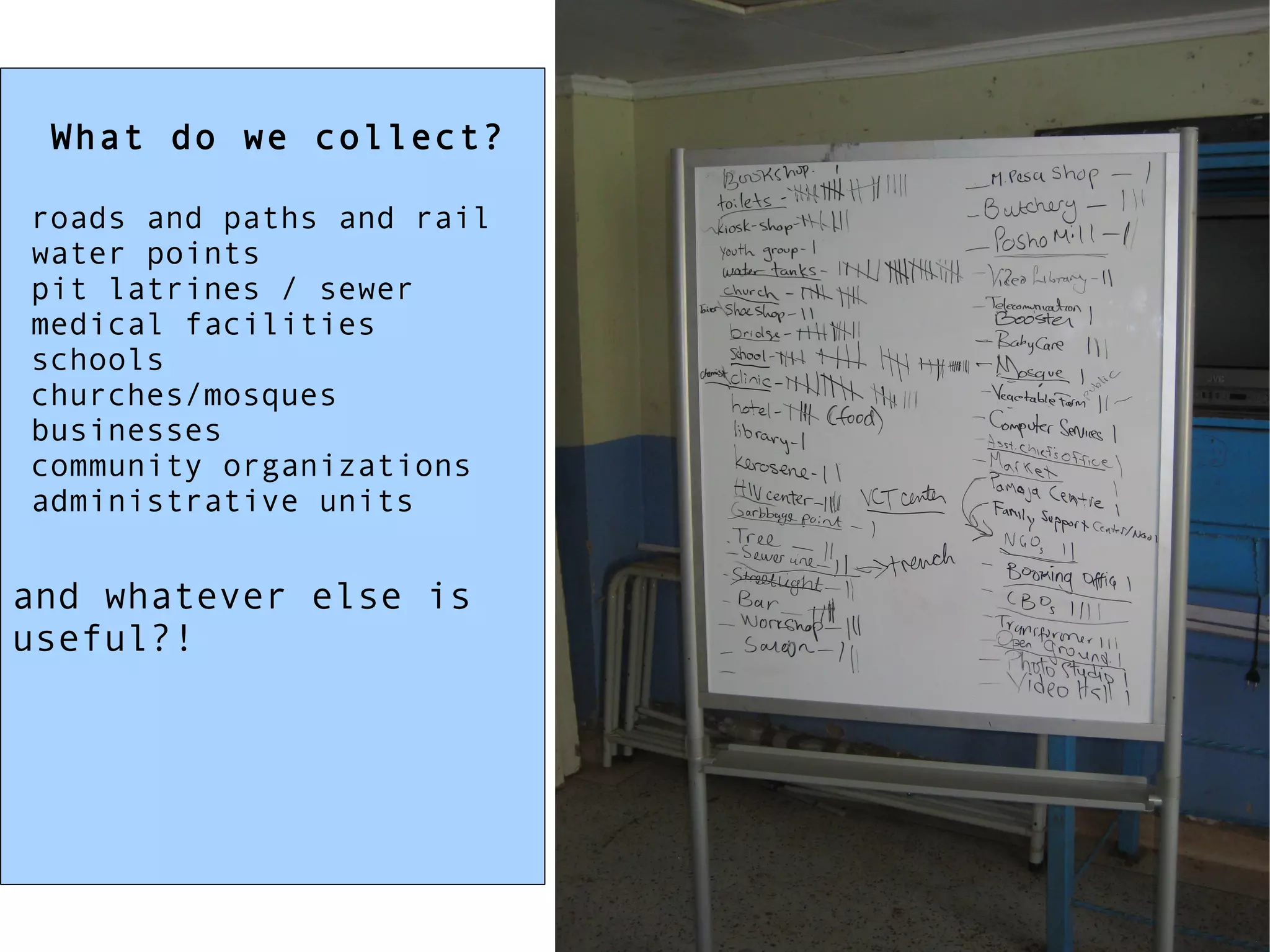 What do we collect? roads and paths and rail water points pit latrines / sewer medical facilities schools churches/mosques businesses community organizations administrative units and whatever else is useful?! 