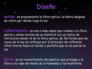 Diseño
nucleo: es propiamente la fibra optica, la hebra delgada
de vidrio por donde viaja la luz.


revestimiento: es una o mas capas que rodean a la fibra
optica y estan hechas de un material con un indice de
refraccion menor al de la fibra optica, de tal forma que los
rayos de la luz se reflejan por el principio de reflexion
total interna hacia el nucleo y permite que no se pierda la
luz.


forro: es un revestimiento de plastico que protege a la
fibra y la capa de media de la humedad y los maltratos.
 