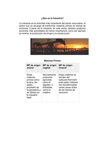 ¿Que es la Industria?
La industria es la actividad más importante del sector secundario, el
sector que se encarga de tranformar materias primas en bienes de
consumo. A parte de la industria, en este sector tambien podemos
encontrar más actividades de menor importancia, como por ejemplo
la minería, la producción de enrgía y la construcción.
Materias Primas
MP de origen
animal
MP de origen
vegetal
MP de origen
mineral
Estas
materias
primas como
la lana, las
pieles...
proceden de
la ganadería y
se utilizan en
la industria
textil.
Normalmente
productos
agrícolas
como el
algodón, o
forestales
como la
madera.
Estas materias se
extraen del
subsuelo.Normalm
ente estas materias
son transformadas
varias veces antes
de ser bienes de
consumo.
 