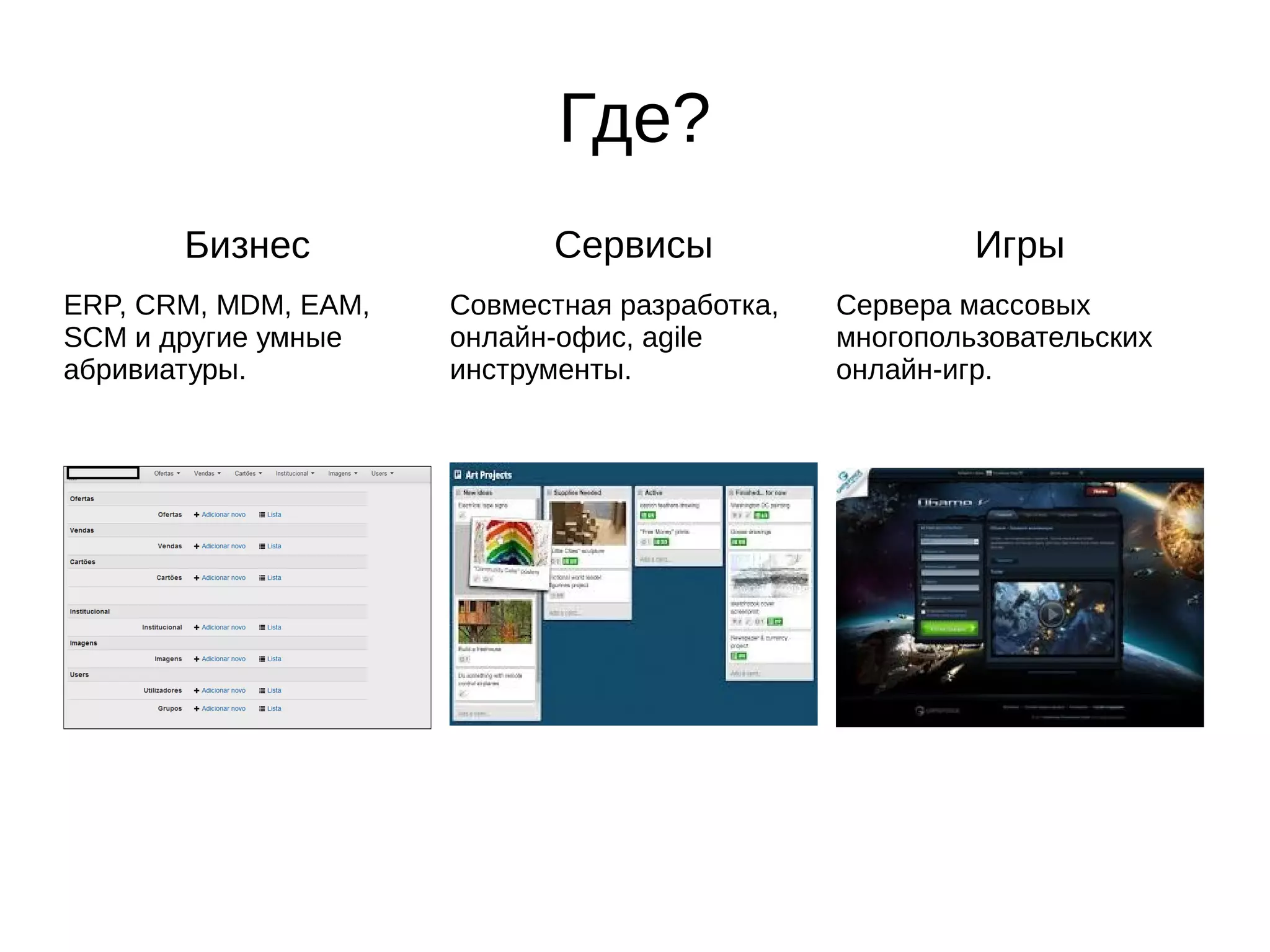 Где?
Бизнес
ERP, CRM, MDM, EAM,
SCM и другие умные
абривиатуры.

Сервисы
Совместная разработка,
онлайн-офис, agile
инструменты.

Игры
Сервера массовых
многопользовательских
онлайн-игр.

 