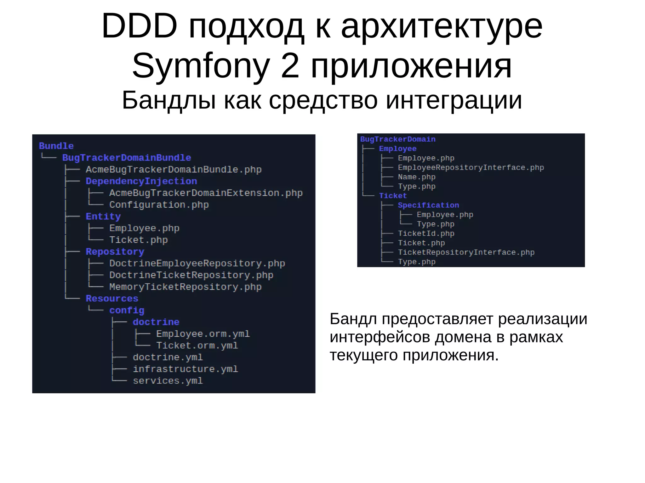 DDD подход к архитектуре
Symfony 2 приложения
Бандлы как средство интеграции

Бандл предоставляет реализации
интерфейсов домена в рамках
текущего приложения.

 