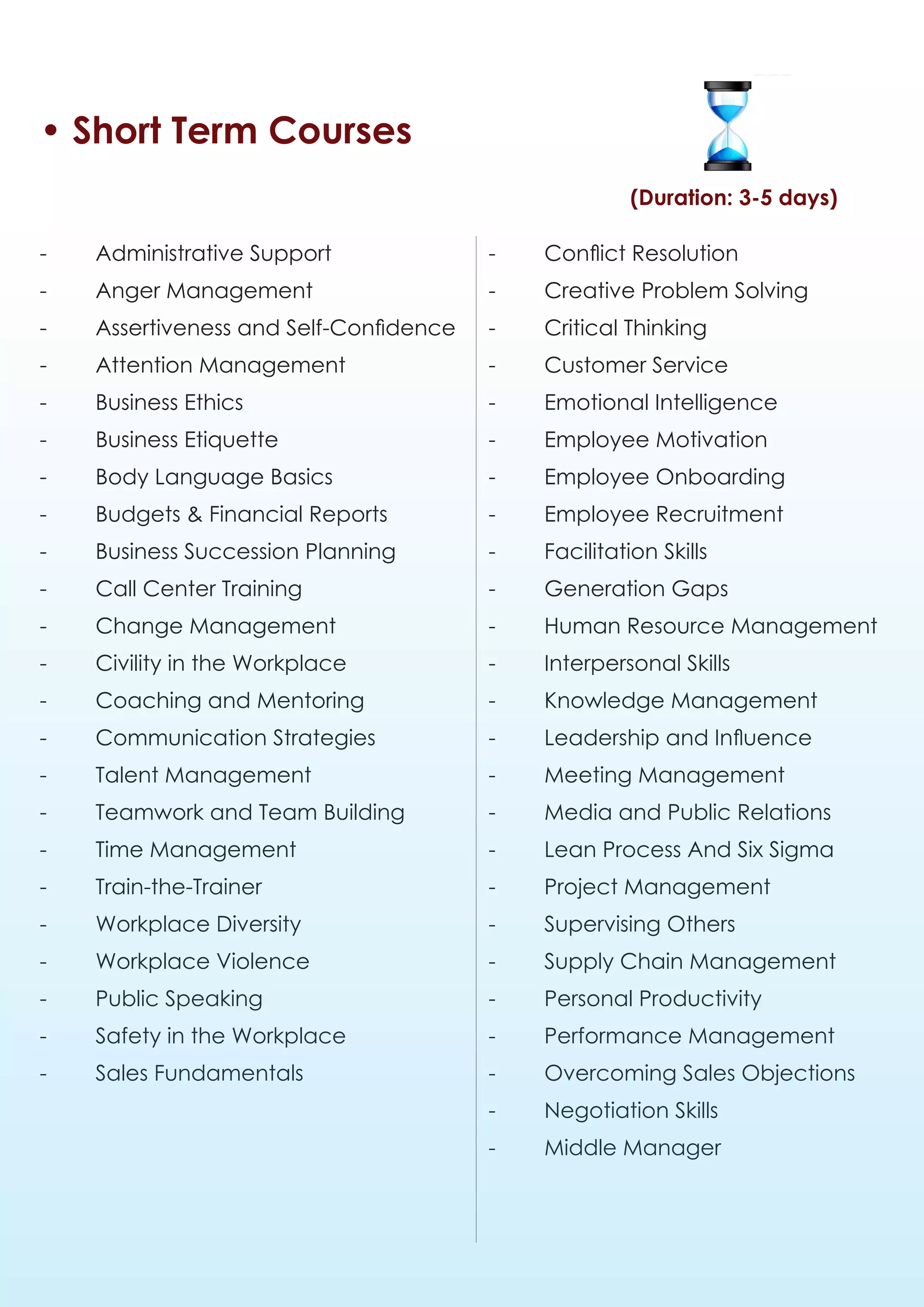 • Short Term Courses
                                                        (Duration: 3-5 days)

-	   Administrative Support              -	   Conflict Resolution
-	   Anger Management                    -	   Creative Problem Solving
-	   Assertiveness and Self-Confidence   -	   Critical Thinking
-	   Attention Management                -	   Customer Service
-	   Business Ethics                     -	   Emotional Intelligence
-	   Business Etiquette                  -	   Employee Motivation
-	   Body Language Basics                -	   Employee Onboarding
-	   Budgets & Financial Reports         -	   Employee Recruitment
-	   Business Succession Planning        -	   Facilitation Skills
-	   Call Center Training                -	   Generation Gaps
-	   Change Management                   -	   Human Resource Management
-	   Civility in the Workplace           -	   Interpersonal Skills
-	   Coaching and Mentoring              -	   Knowledge Management
-	   Communication Strategies            -	   Leadership and Influence
-	   Talent Management                   -	   Meeting Management
-	   Teamwork and Team Building          -	   Media and Public Relations
-	   Time Management                     -	   Lean Process And Six Sigma
-	Train-the-Trainer                      -	   Project Management
-	   Workplace Diversity                 -	   Supervising Others
-	   Workplace Violence                  -	   Supply Chain Management
-	   Public Speaking                     -	   Personal Productivity
-	   Safety in the Workplace             -	   Performance Management
-	   Sales Fundamentals                  -	   Overcoming Sales Objections
                                         -	   Negotiation Skills
                                         -	   Middle Manager
 