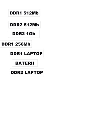 DDR1 512Mb
DDR2 512Mb
DDR2 1Gb
DDR1 256Mb
DDR1 LAPTOP
DDR2 LAPTOP
BATERII
 