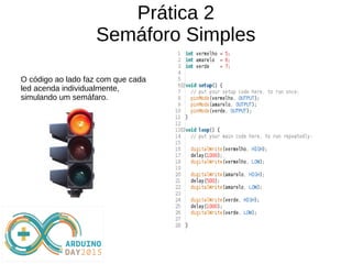 Prática 2
Semáforo Simples
O código ao lado faz com que cada
led acenda individualmente,
simulando um semáfaro.
 