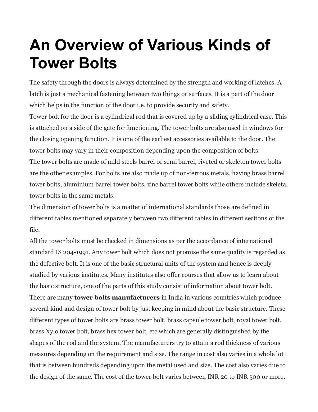 An Overview of Various Kinds of Tower Bolts