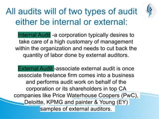 All audits will of two types of audit
either be internal or external:
Internal Audit -a corporation typically desires to
take care of a high customary of management
within the organization and needs to cut back the
quantity of labor done by external auditors.
External Audit -associate external audit is once
associate freelance firm comes into a business
and performs audit work on behalf of the
corporation or its shareholders in top CA
companies like Price Waterhouse Coopers (PwC),
Deloitte, KPMG and painter & Young (EY)
samples of external auditors.
 