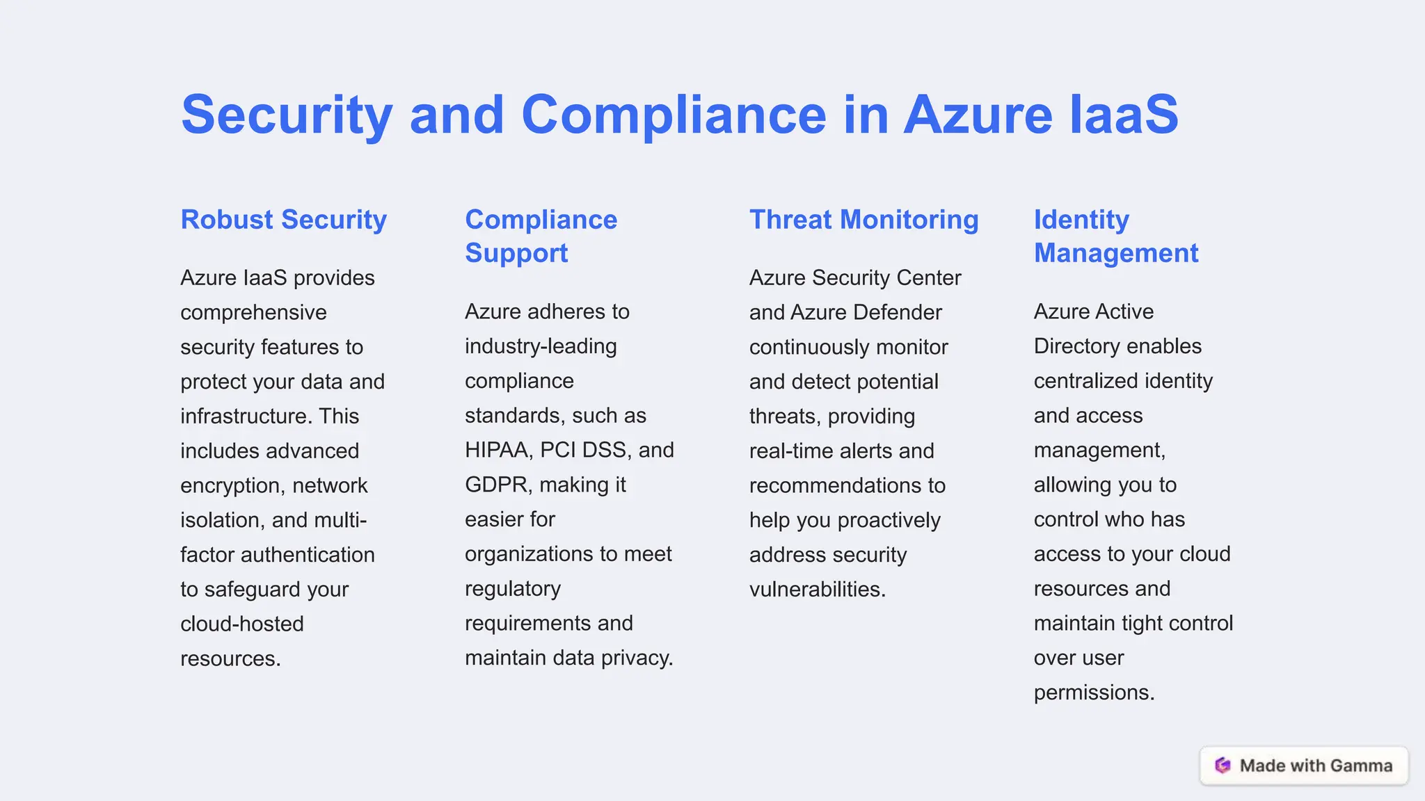 Security and Compliance in Azure IaaS
Robust Security
Azure IaaS provides
comprehensive
security features to
protect your data and
infrastructure. This
includes advanced
encryption, network
isolation, and multi-
factor authentication
to safeguard your
cloud-hosted
resources.
Compliance
Support
Azure adheres to
industry-leading
compliance
standards, such as
HIPAA, PCI DSS, and
GDPR, making it
easier for
organizations to meet
regulatory
requirements and
maintain data privacy.
Threat Monitoring
Azure Security Center
and Azure Defender
continuously monitor
and detect potential
threats, providing
real-time alerts and
recommendations to
help you proactively
address security
vulnerabilities.
Identity
Management
Azure Active
Directory enables
centralized identity
and access
management,
allowing you to
control who has
access to your cloud
resources and
maintain tight control
over user
permissions.
 
