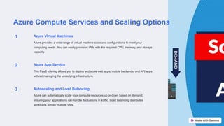 Azure Compute Services and Scaling Options
1 Azure Virtual Machines
Azure provides a wide range of virtual machine sizes and configurations to meet your
computing needs. You can easily provision VMs with the required CPU, memory, and storage
capacity.
2 Azure App Service
This PaaS offering allows you to deploy and scale web apps, mobile backends, and API apps
without managing the underlying infrastructure.
3 Autoscaling and Load Balancing
Azure can automatically scale your compute resources up or down based on demand,
ensuring your applications can handle fluctuations in traffic. Load balancing distributes
workloads across multiple VMs.
 