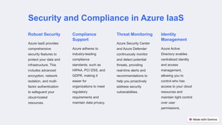 Security and Compliance in Azure IaaS
Robust Security
Azure IaaS provides
comprehensive
security features to
protect your data and
infrastructure. This
includes advanced
encryption, network
isolation, and multi-
factor authentication
to safeguard your
cloud-hosted
resources.
Compliance
Support
Azure adheres to
industry-leading
compliance
standards, such as
HIPAA, PCI DSS, and
GDPR, making it
easier for
organizations to meet
regulatory
requirements and
maintain data privacy.
Threat Monitoring
Azure Security Center
and Azure Defender
continuously monitor
and detect potential
threats, providing
real-time alerts and
recommendations to
help you proactively
address security
vulnerabilities.
Identity
Management
Azure Active
Directory enables
centralized identity
and access
management,
allowing you to
control who has
access to your cloud
resources and
maintain tight control
over user
permissions.
 