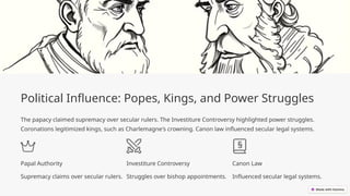 Political Influence: Popes, Kings, and Power Struggles
The papacy claimed supremacy over secular rulers. The Investiture Controversy highlighted power struggles.
Coronations legitimized kings, such as Charlemagne's crowning. Canon law influenced secular legal systems.
Papal Authority
Supremacy claims over secular rulers.
Investiture Controversy
Struggles over bishop appointments.
Canon Law
Influenced secular legal systems.
 