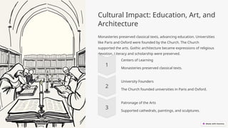 Cultural Impact: Education, Art, and
Architecture
Monasteries preserved classical texts, advancing education. Universities
like Paris and Oxford were founded by the Church. The Church
supported the arts. Gothic architecture became expressions of religious
devotion. Literacy and scholarship were preserved.
Centers of Learning
Monasteries preserved classical texts.
University Founders
The Church founded universities in Paris and Oxford.
Patronage of the Arts
Supported cathedrals, paintings, and sculptures.
 