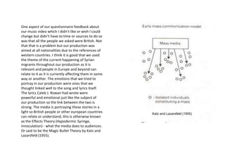 One aspect of our questionnaire feedback about
our music video which I didn’t like or wish I could
change but didn’t have to time or sources to do so
was that all the people we asked were British. Not
that that is a problem but our production was
aimed at all nationalities due to the references of
western countries. I think it is good that we used
the theme of the current happening of Syrian
migrants throughout our production as it is
relevant and people in Europe and beyond can
relate to it as it is currently affecting them in some
way or another. The emotions that we tried to
portray in our production were ones that we
thought linked well to the song and lyrics itself.
The lyrics Caleb J. Rowan had wrote were
powerful and emotional just like the subject of
our production so the link between the two is
strong. The media is portraying these stories in a
light so British people or other european countries
can relate or understand, this is otherwise known
as the Effects Theory (Hypodermic Syringe,
Innoculation) - what the media does to audiences.
Or said to be the Magic Bullet Theory by Katz and
Lazarsfeld (1955).
Katz and Lazarsfeld (1955)
 