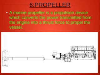 6:PROPELLER
●

A marine propeller is a propulsion device
which converts the power transmitted from
the engine into a thrust force to propel the
vessel.

 