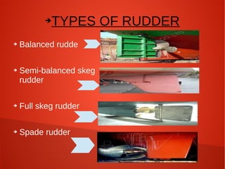 TYPES OF RUDDER

➔

➔

➔

Balanced rudde
Semi-balanced skeg
rudder

➔

Full skeg rudder

➔

Spade rudder

 