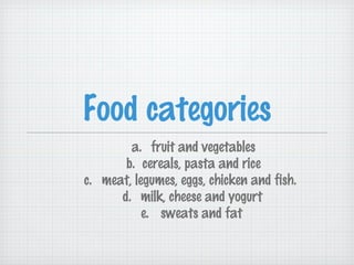 Food categories
a. fruit and vegetables
b. cereals, pasta and rice
c. meat, legumes, eggs, chicken and fish.
d. milk, cheese and yogurt
e. sweats and fat
 