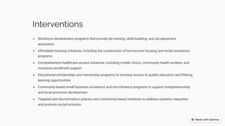 Interventions
Workforce development programs that provide job training, skills-building, and job placement
assistance
Affordable housing initiatives, including the construction of low-income housing and rental assistance
programs
Comprehensive healthcare access initiatives, including mobile clinics, community health workers, and
insurance enrollment support
Educational scholarships and mentorship programs to increase access to quality education and lifelong
learning opportunities
Community-based small business incubators and microfinance programs to support entrepreneurship
and local economic development
Targeted anti-discrimination policies and community-based initiatives to address systemic inequities
and promote social inclusion
 