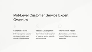 Mid-Level Customer Service Expert
Overview
Customer Service
Deliver exceptional customer
service and handle more
complex customer issues.
Process Development
Contribute to the development
of customer service protocols
and procedures.
Proven Track Record
Demonstrate a proven track
record of enhancing customer
satisfaction.
 
