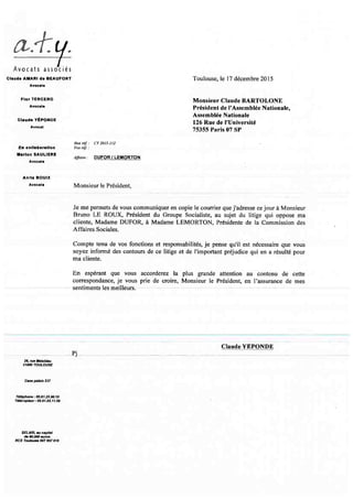La lettre de l'avocat à Claude Bartelone