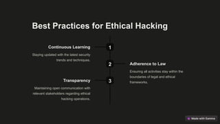 Best Practices for Ethical Hacking
1
Continuous Learning
Staying updated with the latest security
trends and techniques.
2 Adherence to Law
Ensuring all activities stay within the
boundaries of legal and ethical
frameworks.
3
Transparency
Maintaining open communication with
relevant stakeholders regarding ethical
hacking operations.
 