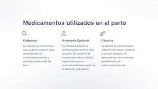 Medicamentos utilizados en el parto
Oxitocina
La oxitocina es una hormona
que se utiliza durante el parto
para estimular las
contracciones uterinas y
ayudar en la expulsión del
bebé.
Anestesia Epidural
La anestesia epidural se
administra para aliviar el dolor
del parto. Se inyecta en el
espacio que rodea la médula
espinal, bloqueando
temporalmente la sensación en
el abdomen y las piernas.
Pitocina
La pitocina es una medicación
utilizada para inducir o acelerar
el proceso del parto. Se
administra por vía intravenosa
para estimular las
contracciones uterinas.
 