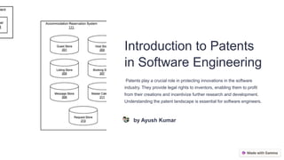 Introduction to Patents
in Software Engineering
Patents play a crucial role in protecting innovations in the software
industry. They provide legal rights to inventors, enabling them to profit
from their creations and incentivize further research and development.
Understanding the patent landscape is essential for software engineers.
by Ayush Kumar
 