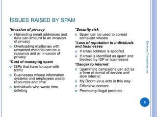 ISSUES RAISED BY SPAM
*Invasion of privacy                *Security risk
 Harvesting email addresses and     Spam can be used to spread
   data can amount to an invasion     computer viruses
   of privacy




                                                                               Electronic Transactions Law
                                    *Loss of reputation to individuals
 Overloading mailboxes with        and businesses
   unwanted material can be a        If email address is spoofed
   nuisance and an invasion of
   privacy                           If email is identified as spam and
                                      blocked by ISP or businesses
*Cost of managing spam
                                    *Danger to internet
 ISPs that have to cope with
   traffic                           Spamming campaigns can act as
                                      a form of denial of service and
 Businesses whose information
                                      slow internet
   systems and employees waste
   resources and time                My Doom virus acts in this way

 Individuals who waste time         Offensive content
   deleting                          Promoting illegal products



                                                                           5
 