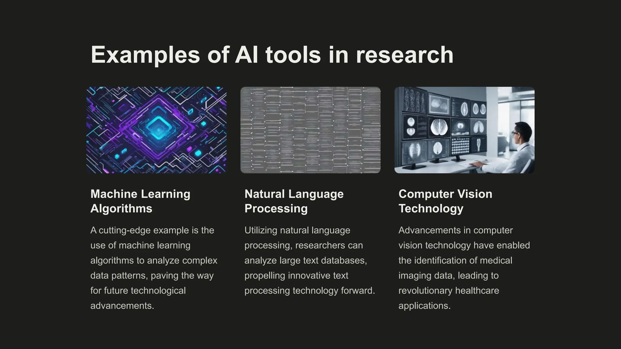 Examples of AI tools in research
Machine Learning
Algorithms
A cutting-edge example is the
use of machine learning
algorithms to analyze complex
data patterns, paving the way
for future technological
advancements.
Natural Language
Processing
Utilizing natural language
processing, researchers can
analyze large text databases,
propelling innovative text
processing technology forward.
Computer Vision
Technology
Advancements in computer
vision technology have enabled
the identification of medical
imaging data, leading to
revolutionary healthcare
applications.
 