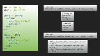 str1 = 'String 1'
str2 = 'String 2'
class << String
def foo
puts 'foo called'
puts self
end
end
class << str1
def bar
puts 'bar called'
puts self
end
end
> str1.foo
NoMethodError: undefined method `foo' for "String 1":String
> String.foo
foo called
String
=> nil
> str1.bar
bar called
String 1
=> nil
> str2.bar
NoMethodError: undefined method `bar' for "String 2":String
> String.singleton_class.method_defined? :bar
=> false
> str1.singleton_class.method_defined? :bar
=> true
> str2.singleton_class.method_defined? :bar
=> false
 