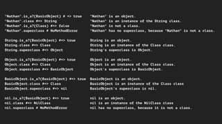 "Nathan".is_a?(BasicObject) # => true "Nathan" is an object.
"Nathan".class #=> String "Nathan" is an instance of the String class.
"Nathan".is_a?(Class) #=> false "Nathan" is not a class.
"Nathan".superclass # NoMethodError "Nathan" has no superclass, because "Nathan" is not a class.
String.is_a?(BasicObject) #=> true String is an object.
String.class #=> Class String is an instance of the Class class.
String.superclass #=> Object String's superclass is Object.
Object.is_a?(BasicObject) #=> true Object is an object.
Object.class #=> Class Object is an instance of the Class class.
Object.superclass #=> BasicObject Object's superclass is BasicObject.
BasicObject.is_a?(BasicObject) #=> true BasicObject is an object.
BasicObject.class #=> Class BasicObject is an instance of the Class class
BasicObject.superclass #=> nil BasicObject's superclass is nil.
nil.is_a?(BasicObject) #=> true nil is an object.
nil.class #=> NilClass nil is an instance of the NilClass class
nil.superclass # NoMethodError nil has no superclass, because it is not a class.
 