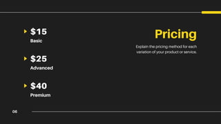 06
$15
Basic
$25
Advanced
$40
Premium
Pricing
Explain the pricing method for each
variation of your product or service.
 