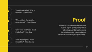 Proof
Share any customer testimonials, case
studies, expert quotes, competitive
advantages, and any other extra
benefits that make your product or
service worth trusting and purchasing.
“I love this product. What a
lifesaver!” - Corey Gates
“This product changes the
game for real." - Dylan Walter
“Why have I not heard about
this before?" - Erin Grey
"Free shipping for a year is
incredible!" - Jules Dakota
 