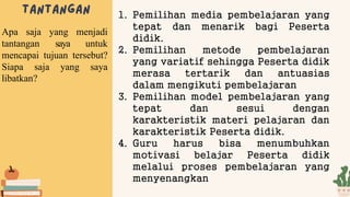1. Pemilihan media pembelajaran yang
tepat dan menarik bagi Peserta
didik.
2. Pemilihan metode pembelajaran
yang variatif sehingga Peserta didik
merasa tertarik dan antuasias
dalam mengikuti pembelajaran
3. Pemilihan model pembelajaran yang
tepat dan sesui dengan
karakteristik materi pelajaran dan
karakteristik Peserta didik.
4. Guru harus bisa menumbuhkan
motivasi belajar Peserta didik
melalui proses pembelajaran yang
menyenangkan
Apa saja yang menjadi
tantangan saya untuk
mencapai tujuan tersebut?
Siapa saja yang saya
libatkan?
 