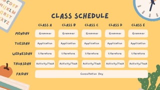 Consultation Day
Grammar Grammar Grammar Grammar Grammar
Application Application Application Application Application
Literature Literature Literature Literature Literature
Activity/Task Activity/Task Activity/Task Activity/Task Activity/Task
 