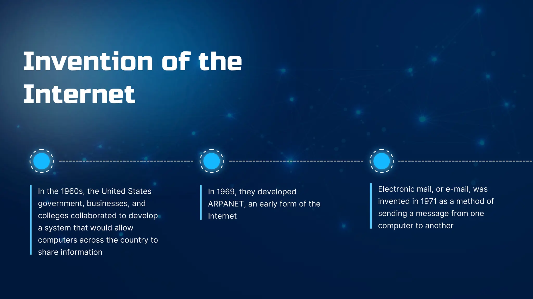 Invention of the
Internet
In the 1960s, the United States
government, businesses, and
colleges collaborated to develop
a system that would allow
computers across the country to
share information
In 1969, they developed
ARPANET, an early form of the
Internet
Electronic mail, or e-mail, was
invented in 1971 as a method of
sending a message from one
computer to another
 