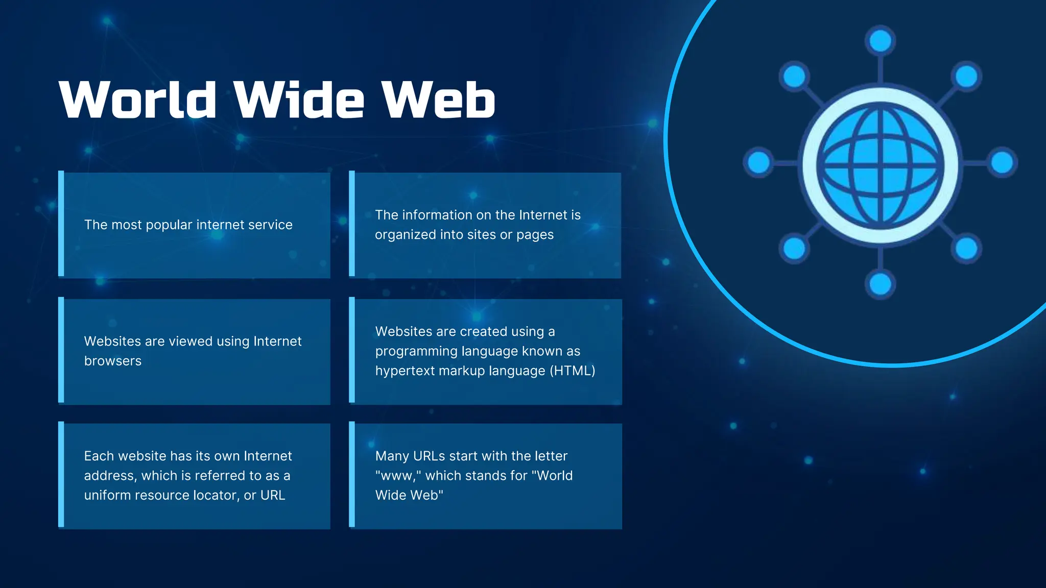 Websites are created using a
programming language known as
hypertext markup language (HTML)
World Wide Web
Many URLs start with the letter
"www," which stands for "World
Wide Web"
The most popular internet service
The information on the Internet is
organized into sites or pages
Websites are viewed using Internet
browsers
Each website has its own Internet
address, which is referred to as a
uniform resource locator, or URL
 
