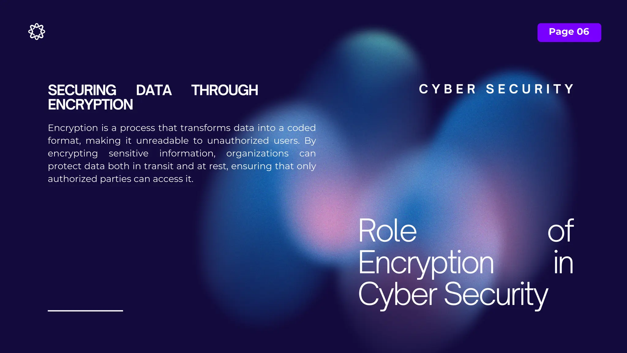 Page 06
Encryption is a process that transforms data into a coded
format, making it unreadable to unauthorized users. By
encrypting sensitive information, organizations can
protect data both in transit and at rest, ensuring that only
authorized parties can access it.
Role of
Encryption in
Cyber Security
SECURING DATA THROUGH
ENCRYPTION
C Y B E R S E C U R I T Y
 