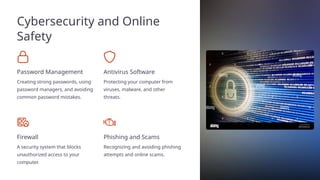 Cybersecurity and Online
Safety
Password Management
Creating strong passwords, using
password managers, and avoiding
common password mistakes.
Antivirus Software
Protecting your computer from
viruses, malware, and other
threats.
Firewall
A security system that blocks
unauthorized access to your
computer.
Phishing and Scams
Recognizing and avoiding phishing
attempts and online scams.
 