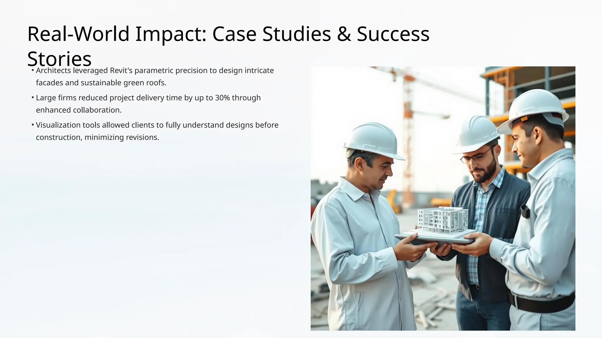 Real-World Impact: Case Studies & Success
Stories
• Architects leveraged Revit's parametric precision to design intricate
facades and sustainable green roofs.
• Large firms reduced project delivery time by up to 30% through
enhanced collaboration.
• Visualization tools allowed clients to fully understand designs before
construction, minimizing revisions.
 