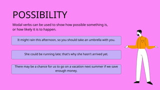 POSSIBILITY
Modal verbs can be used to show how possible something is,
or how likely it is to happen.
It might rain this afternoon, so you should take an umbrella with you.
She could be running late; that's why she hasn't arrived yet.
There may be a chance for us to go on a vacation next summer if we save
enough money.
 