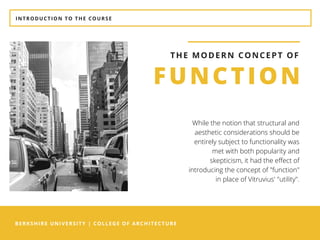 BERKSHIRE UNIVERSITY | COLLEGE OF ARCHITECTURE
INTRODUCTION TO THE COURSE
FUNCTION
THE MODERN CONCEPT OF
While the notion ...