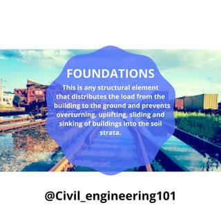 @Civil_engineering101
This is any structural element
that distributes the load from the
building to the ground and prevents
overturning, uplifting, sliding and
sinking of buildings into the soil
strata.
FOUNDATIONS
 