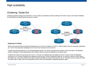 High availability
Verica overview Page 12
Clustering / Scale-Out
Clustering supports scaling and redundancy. You can scale your database cluster by adding more nodes, and you can improve reliability
by distributing and replicating data across your cluster.
1 | 2
2 | 31 | 3
Node 1
Node 2Node 3
5 | 1 | 2
1 | 2 | 31 | 5 | 4 
Node 1
Node 2Node 5
5 | 4 | 3
Node 4
2 | 3 | 4
Node 3
K-safe 1
Number of required
nodes 3+
K-safe 2
Number of required
nodes 5+
Designing for K-Safety
Vertica recommends that all production databases have a minimum K-safety of one (K=1). Valid K-safety values for production databases
are 1 and 2. Non-production databases do not have to be K-safe and can be set to 0. 
K-safety sets the fault tolerance in your Verticadatabase cluster. The value K represents the number of times the data in the database
cluster is replicated. These replicas allow other nodes to take over query processing for any failed nodes.
In Vertica, the value of K can be zero (0), one (1), or two (2). If a database with a K-safety of one (K=1) loses a node, the database
continues to run normally. Potentially, the database could continue running if additional nodes fail, as long as at least one other node in
the cluster has a copy of the failed node's data. Increasing K-safety to 2 ensures that Vertica can run normally if any two nodes fail. When
the failed node or nodes return and successfully recover, they can participate in database operations again.
 