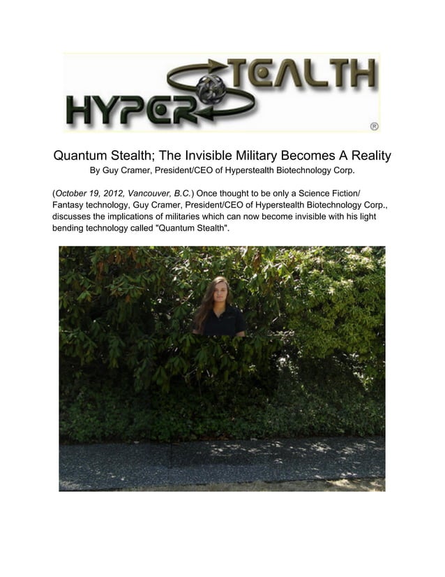 Quantum Stealth; The Invisible Military A Reality By Guy Cramer