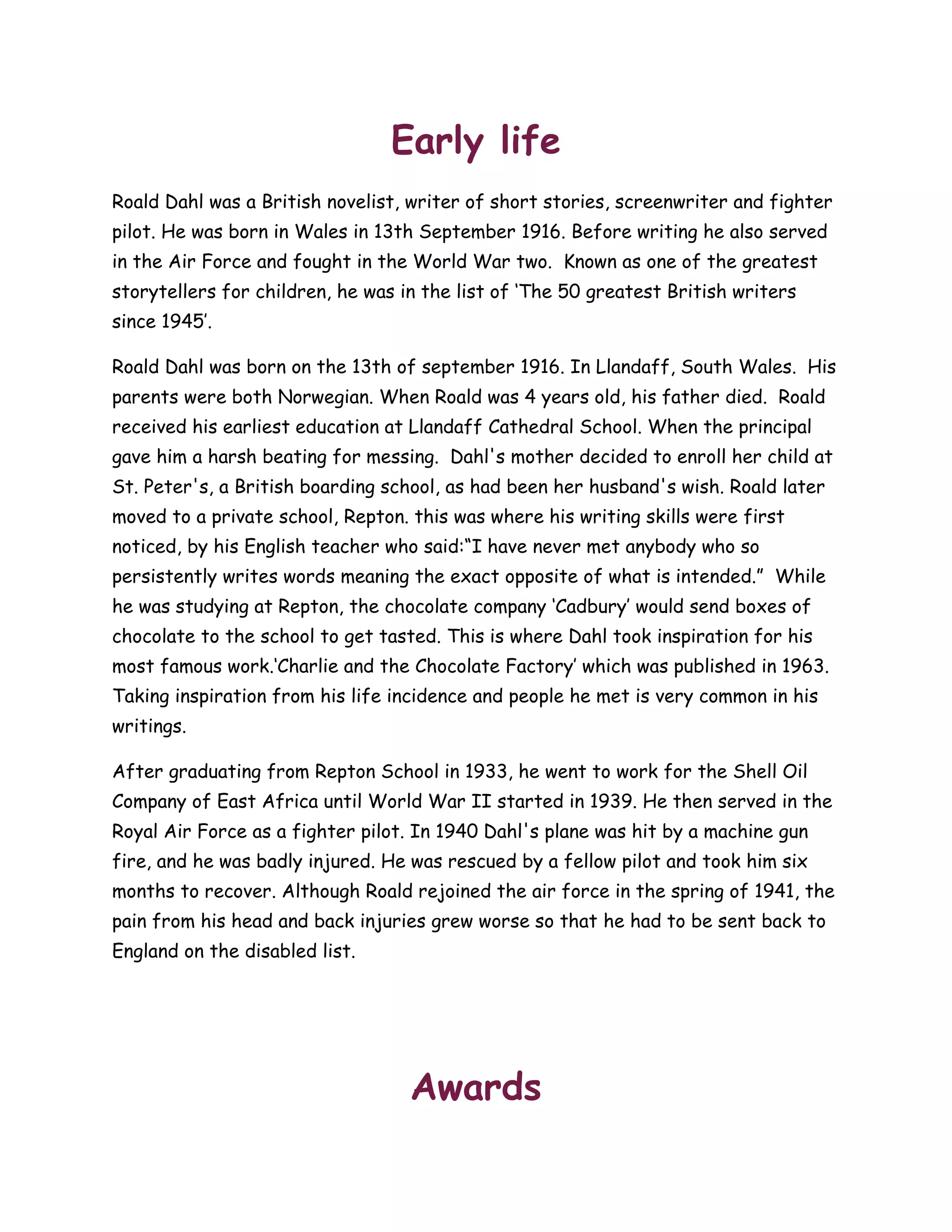 Roald Dahl English | DOCX