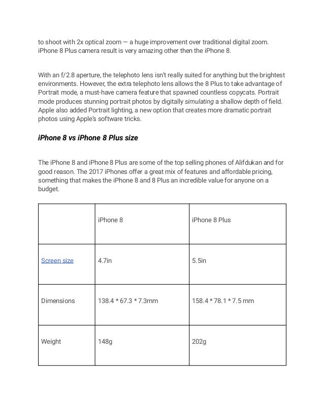 to shoot with 2x optical zoom — a huge improvement over traditional digital zoom.
iPhone 8 Plus camera result is very amazing other then the iPhone 8.
With an f/2.8 aperture, the telephoto lens isn’t really suited for anything but the brightest
environments. However, the extra telephoto lens allows the 8 Plus to take advantage of
Portrait mode, a must-have camera feature that spawned countless copycats. Portrait
mode produces stunning portrait photos by digitally simulating a shallow depth of field.
Apple also added Portrait lighting, a new option that creates more dramatic portrait
photos using Apple’s software tricks.
iPhone 8 vs iPhone 8 Plus size
The iPhone 8 and iPhone 8 Plus are some of the top selling phones of Alifdukan and for
good reason. The 2017 iPhones offer a great mix of features and affordable pricing,
something that makes the iPhone 8 and 8 Plus an incredible value for anyone on a
budget.
iPhone 8 iPhone 8 Plus
Screen size 4.7in 5.5in
Dimensions 138.4 * 67.3 * 7.3mm 158.4 * 78.1 * 7.5 mm
Weight 148g 202g
 