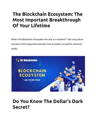 What is the Blockchain Ecosystem and why is it important? Get a big picture
overview of this mega-trend and learn how to position yourself for maximum
profits.
 