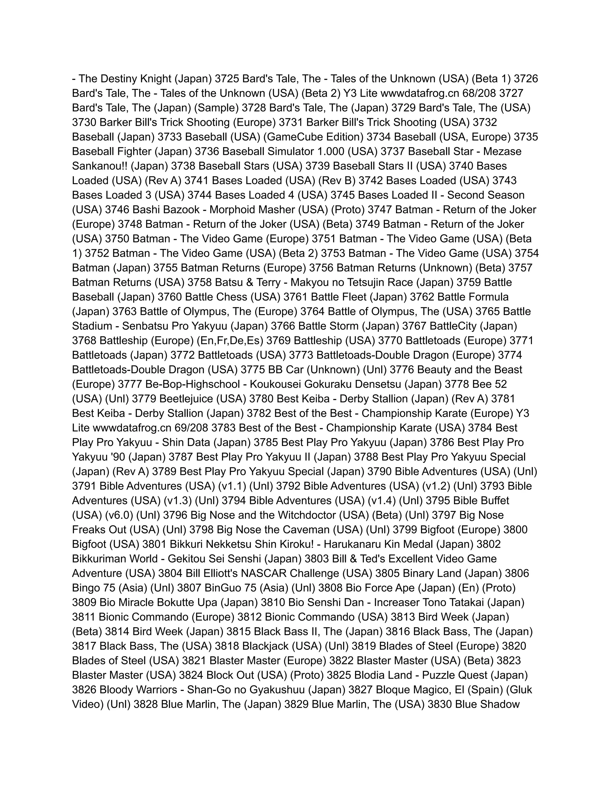 - The Destiny Knight (Japan) 3725 Bard's Tale, The - Tales of the Unknown (USA) (Beta 1) 3726
Bard's Tale, The - Tales of the Unknown (USA) (Beta 2) Y3 Lite wwwdatafrog.cn 68/208 3727
Bard's Tale, The (Japan) (Sample) 3728 Bard's Tale, The (Japan) 3729 Bard's Tale, The (USA)
3730 Barker Bill's Trick Shooting (Europe) 3731 Barker Bill's Trick Shooting (USA) 3732
Baseball (Japan) 3733 Baseball (USA) (GameCube Edition) 3734 Baseball (USA, Europe) 3735
Baseball Fighter (Japan) 3736 Baseball Simulator 1.000 (USA) 3737 Baseball Star - Mezase
Sankanou!! (Japan) 3738 Baseball Stars (USA) 3739 Baseball Stars II (USA) 3740 Bases
Loaded (USA) (Rev A) 3741 Bases Loaded (USA) (Rev B) 3742 Bases Loaded (USA) 3743
Bases Loaded 3 (USA) 3744 Bases Loaded 4 (USA) 3745 Bases Loaded II - Second Season
(USA) 3746 Bashi Bazook - Morphoid Masher (USA) (Proto) 3747 Batman - Return of the Joker
(Europe) 3748 Batman - Return of the Joker (USA) (Beta) 3749 Batman - Return of the Joker
(USA) 3750 Batman - The Video Game (Europe) 3751 Batman - The Video Game (USA) (Beta
1) 3752 Batman - The Video Game (USA) (Beta 2) 3753 Batman - The Video Game (USA) 3754
Batman (Japan) 3755 Batman Returns (Europe) 3756 Batman Returns (Unknown) (Beta) 3757
Batman Returns (USA) 3758 Batsu & Terry - Makyou no Tetsujin Race (Japan) 3759 Battle
Baseball (Japan) 3760 Battle Chess (USA) 3761 Battle Fleet (Japan) 3762 Battle Formula
(Japan) 3763 Battle of Olympus, The (Europe) 3764 Battle of Olympus, The (USA) 3765 Battle
Stadium - Senbatsu Pro Yakyuu (Japan) 3766 Battle Storm (Japan) 3767 BattleCity (Japan)
3768 Battleship (Europe) (En,Fr,De,Es) 3769 Battleship (USA) 3770 Battletoads (Europe) 3771
Battletoads (Japan) 3772 Battletoads (USA) 3773 Battletoads-Double Dragon (Europe) 3774
Battletoads-Double Dragon (USA) 3775 BB Car (Unknown) (Unl) 3776 Beauty and the Beast
(Europe) 3777 Be-Bop-Highschool - Koukousei Gokuraku Densetsu (Japan) 3778 Bee 52
(USA) (Unl) 3779 Beetlejuice (USA) 3780 Best Keiba - Derby Stallion (Japan) (Rev A) 3781
Best Keiba - Derby Stallion (Japan) 3782 Best of the Best - Championship Karate (Europe) Y3
Lite wwwdatafrog.cn 69/208 3783 Best of the Best - Championship Karate (USA) 3784 Best
Play Pro Yakyuu - Shin Data (Japan) 3785 Best Play Pro Yakyuu (Japan) 3786 Best Play Pro
Yakyuu '90 (Japan) 3787 Best Play Pro Yakyuu II (Japan) 3788 Best Play Pro Yakyuu Special
(Japan) (Rev A) 3789 Best Play Pro Yakyuu Special (Japan) 3790 Bible Adventures (USA) (Unl)
3791 Bible Adventures (USA) (v1.1) (Unl) 3792 Bible Adventures (USA) (v1.2) (Unl) 3793 Bible
Adventures (USA) (v1.3) (Unl) 3794 Bible Adventures (USA) (v1.4) (Unl) 3795 Bible Buffet
(USA) (v6.0) (Unl) 3796 Big Nose and the Witchdoctor (USA) (Beta) (Unl) 3797 Big Nose
Freaks Out (USA) (Unl) 3798 Big Nose the Caveman (USA) (Unl) 3799 Bigfoot (Europe) 3800
Bigfoot (USA) 3801 Bikkuri Nekketsu Shin Kiroku! - Harukanaru Kin Medal (Japan) 3802
Bikkuriman World - Gekitou Sei Senshi (Japan) 3803 Bill & Ted's Excellent Video Game
Adventure (USA) 3804 Bill Elliott's NASCAR Challenge (USA) 3805 Binary Land (Japan) 3806
Bingo 75 (Asia) (Unl) 3807 BinGuo 75 (Asia) (Unl) 3808 Bio Force Ape (Japan) (En) (Proto)
3809 Bio Miracle Bokutte Upa (Japan) 3810 Bio Senshi Dan - Increaser Tono Tatakai (Japan)
3811 Bionic Commando (Europe) 3812 Bionic Commando (USA) 3813 Bird Week (Japan)
(Beta) 3814 Bird Week (Japan) 3815 Black Bass II, The (Japan) 3816 Black Bass, The (Japan)
3817 Black Bass, The (USA) 3818 Blackjack (USA) (Unl) 3819 Blades of Steel (Europe) 3820
Blades of Steel (USA) 3821 Blaster Master (Europe) 3822 Blaster Master (USA) (Beta) 3823
Blaster Master (USA) 3824 Block Out (USA) (Proto) 3825 Blodia Land - Puzzle Quest (Japan)
3826 Bloody Warriors - Shan-Go no Gyakushuu (Japan) 3827 Bloque Magico, El (Spain) (Gluk
Video) (Unl) 3828 Blue Marlin, The (Japan) 3829 Blue Marlin, The (USA) 3830 Blue Shadow
 